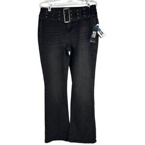 Madden NYC Low Rise Bootcut Black Denim Jeans Size 10 Slim Fit Belt Detailing